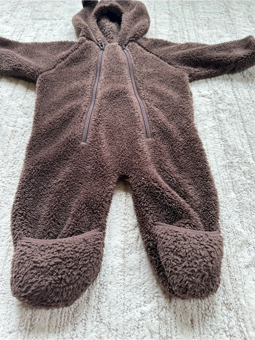 LL Bean Fleece Bunting One Piece Infant Baby 3-6 Months Zip Brown Teddy Bear - Picture 9 of 16